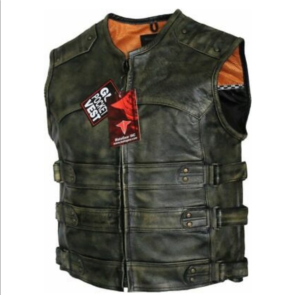 Men's Tactical Biker Style Side Buckle Motorcycle Leather Vest Concealed Carry